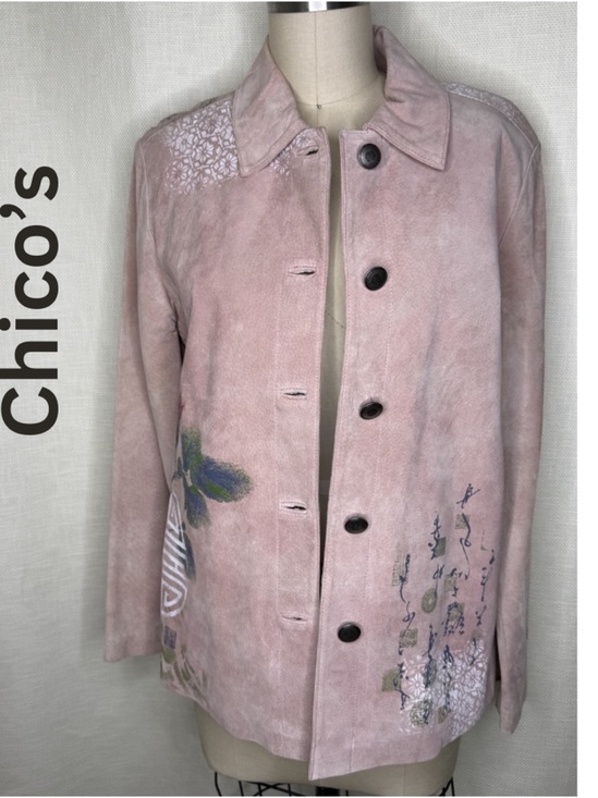 Chico's Jackets & Blazers - Chico’s Pink Leather Jacket Size 0 Floral Embroidered Button Front Chic